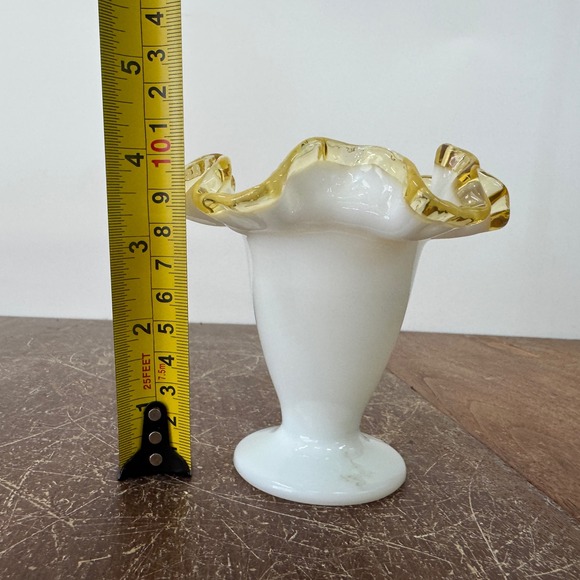 Fenton Yellow Crest Art Glass Vase Ruffled Top Pedestal Base Milk Glass - Picture 6 of 7